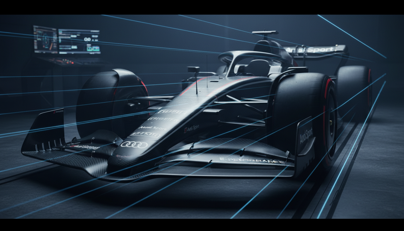 Detalhes aerodinâmicos do carro de Fórmula 1 da Audi para 2026, com destaque para a suspensão dianteira.