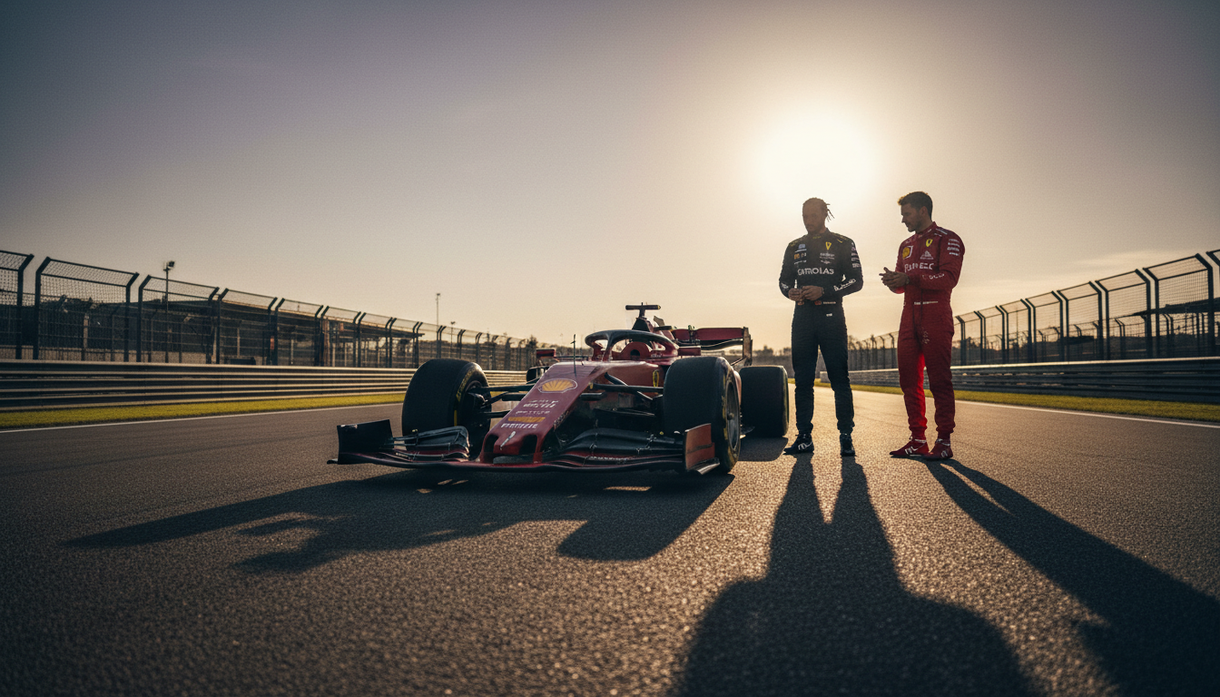 Carro Ferrari SF-26 com Lewis Hamilton e Charles Leclerc em teste na pista