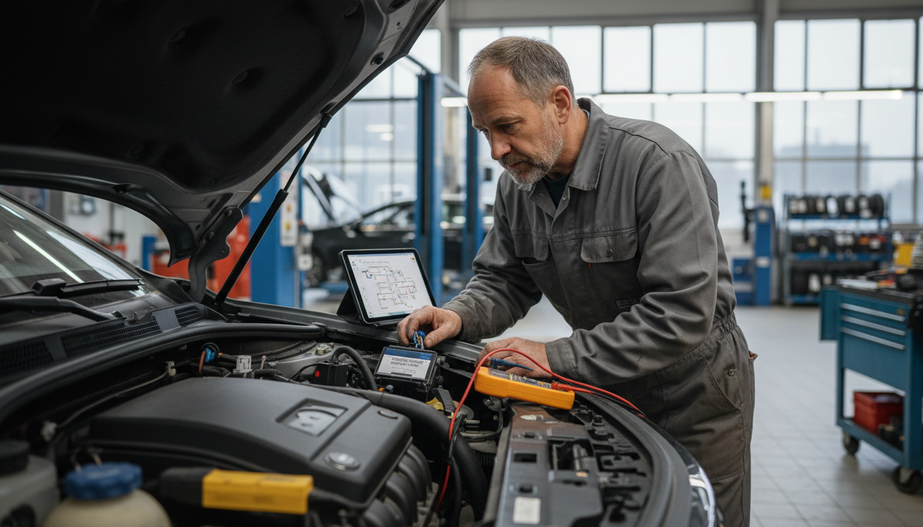 Mecânico inspeciona falha no sistema Start Stop de um carro.