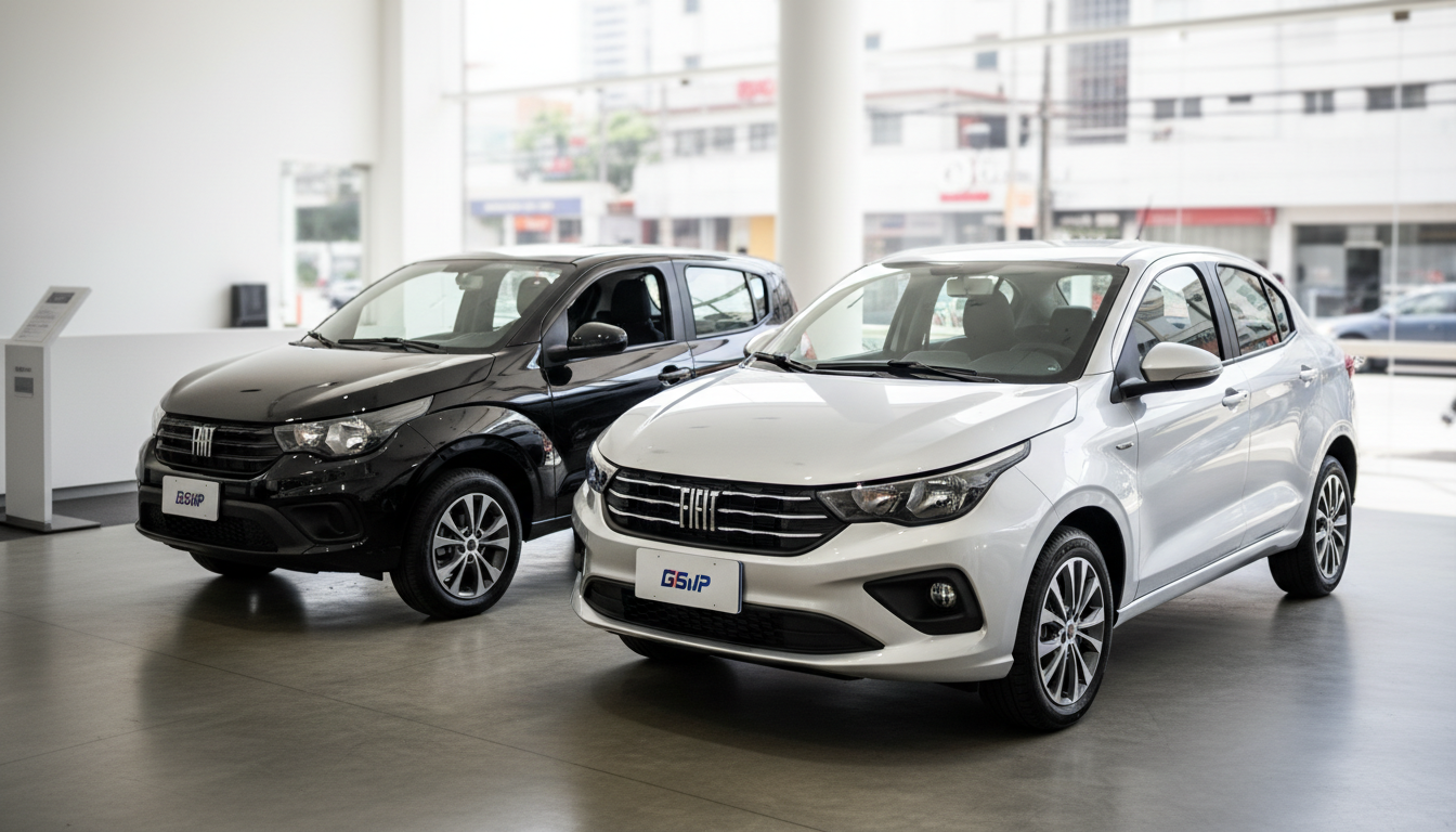 Fiat Mobi e Fiat Cronos em showroom com preços promocionais anunciados