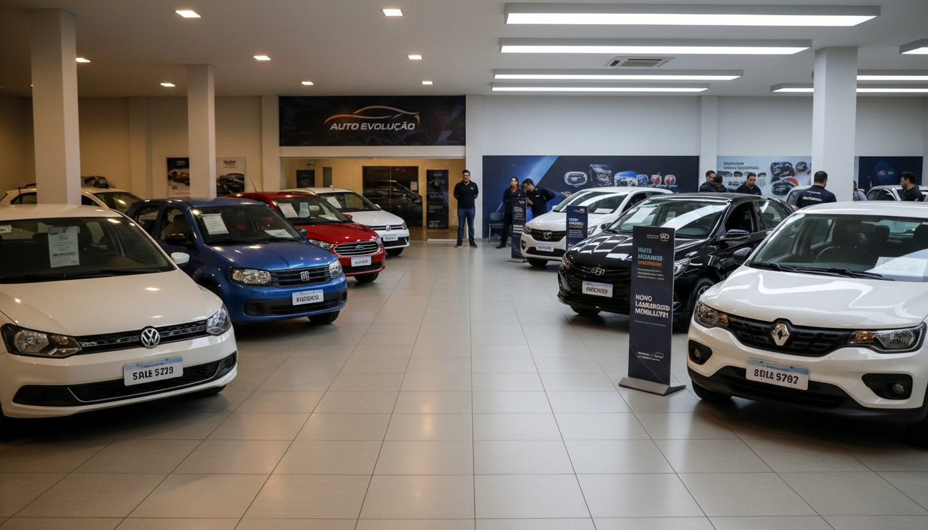 Concessionária de carros exibindo modelos populares que saem de linha e novos lançamentos.