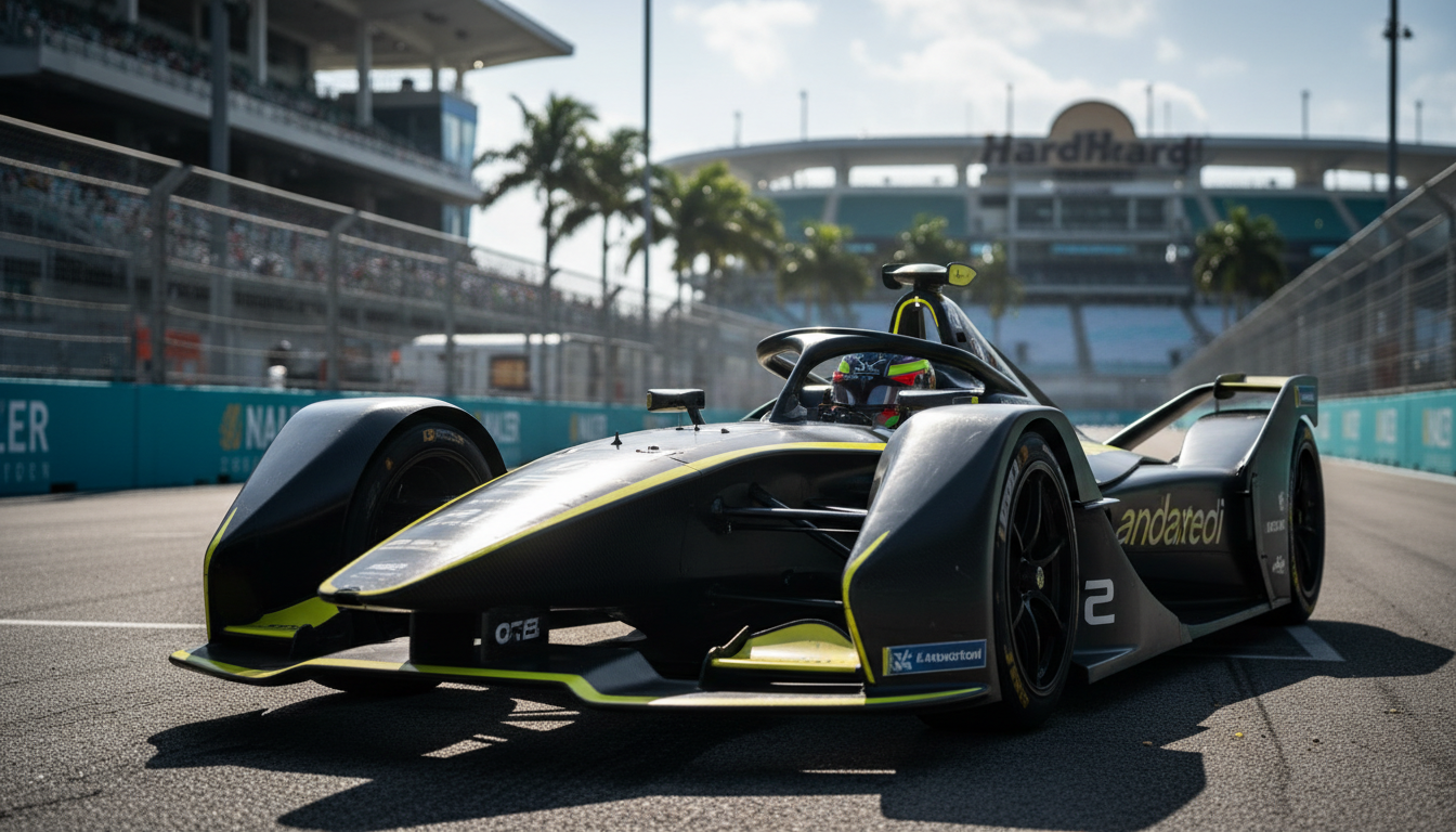 Carro da equipe Andretti com novo visual preto e amarelo em pista de Fórmula E