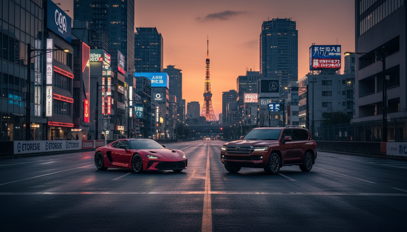 Cenário urbano de Tóquio com carros esportivos em destaque sob letreiros de neon ao entardecer.