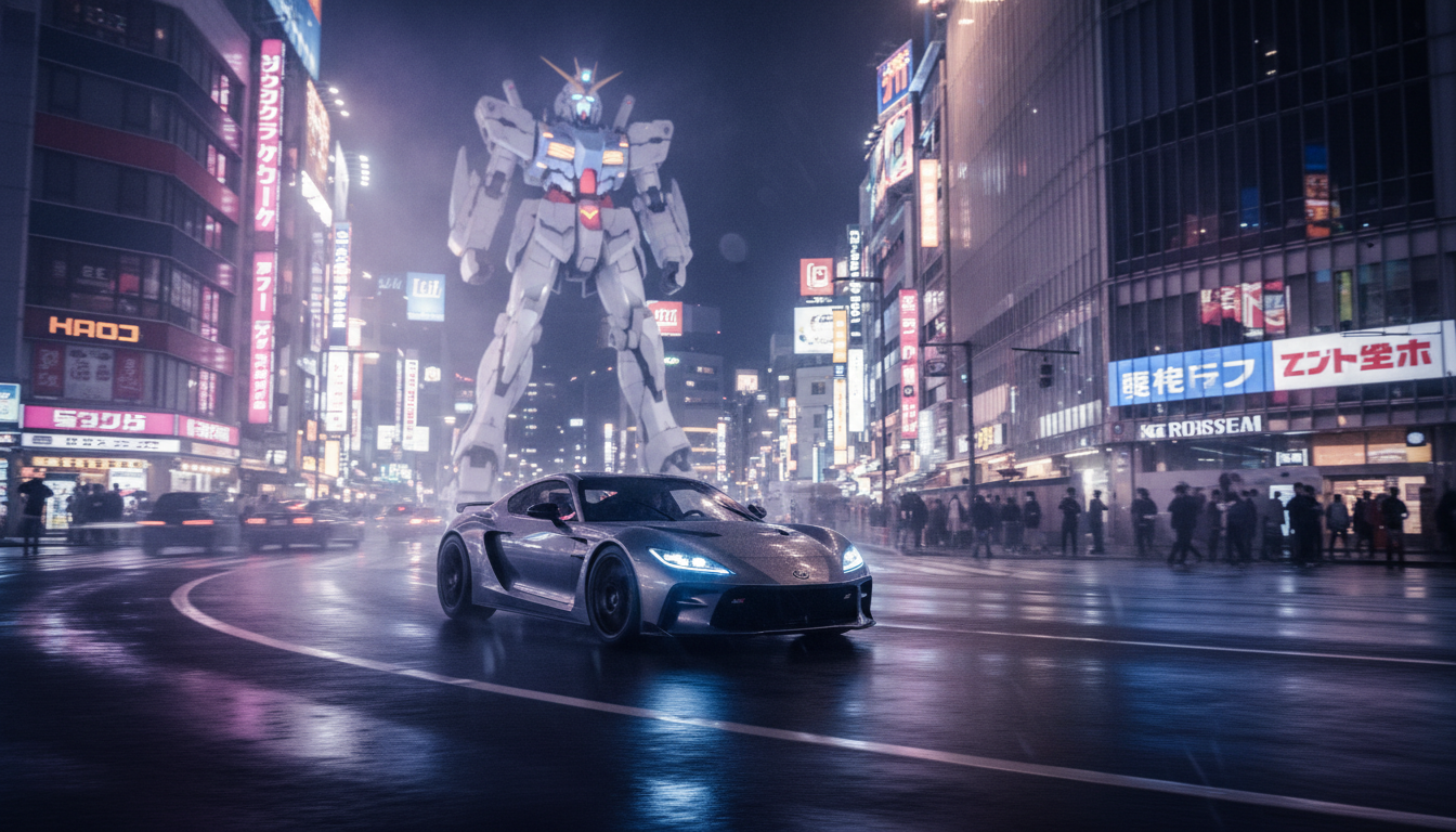 Carro esportivo em Tóquio com um mecha Gundam ao fundo em Forza Horizon 6.