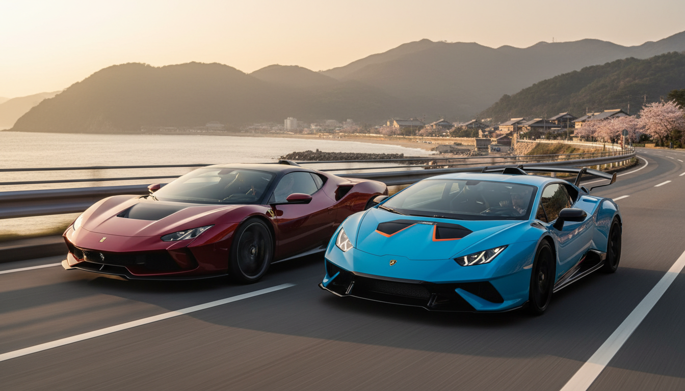 Ferrari F80 e Lamborghini Huracán STO em cenário japonês, Forza Horizon 6