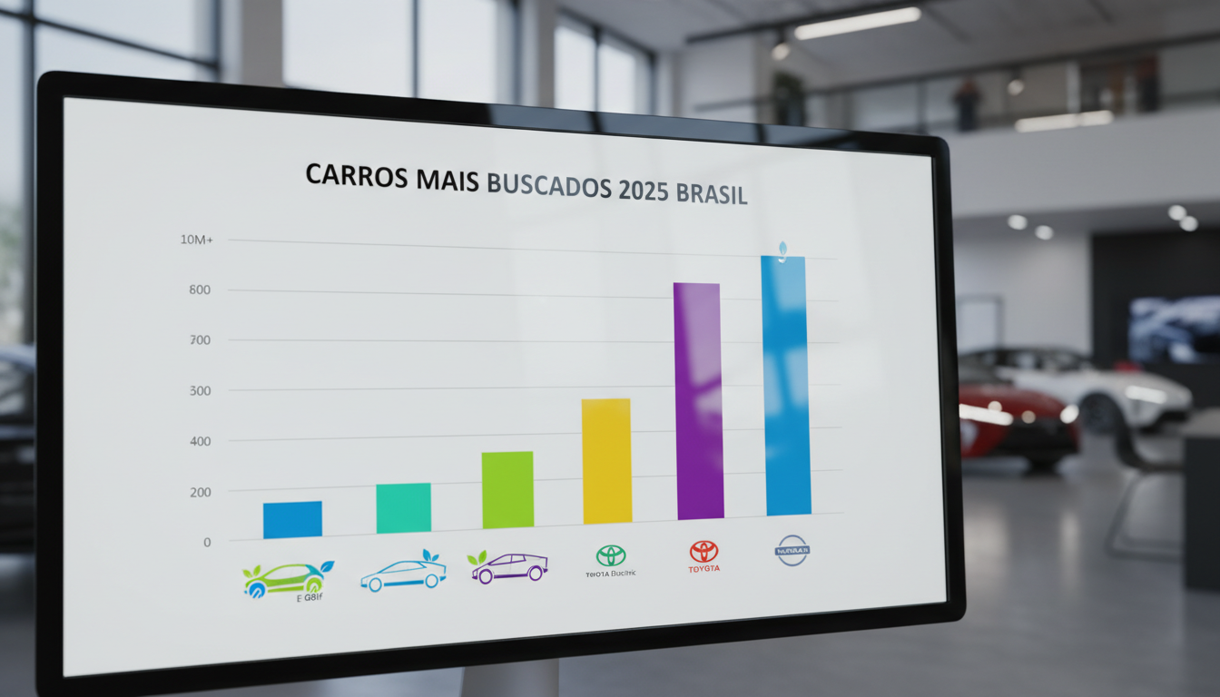 Tela de computador mostrando ranking de carros mais buscados no Brasil em 2025 com predominância de modelos híbridos.