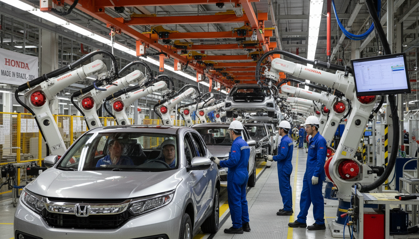 Linha de produção da Honda no Brasil com carros em montagem.