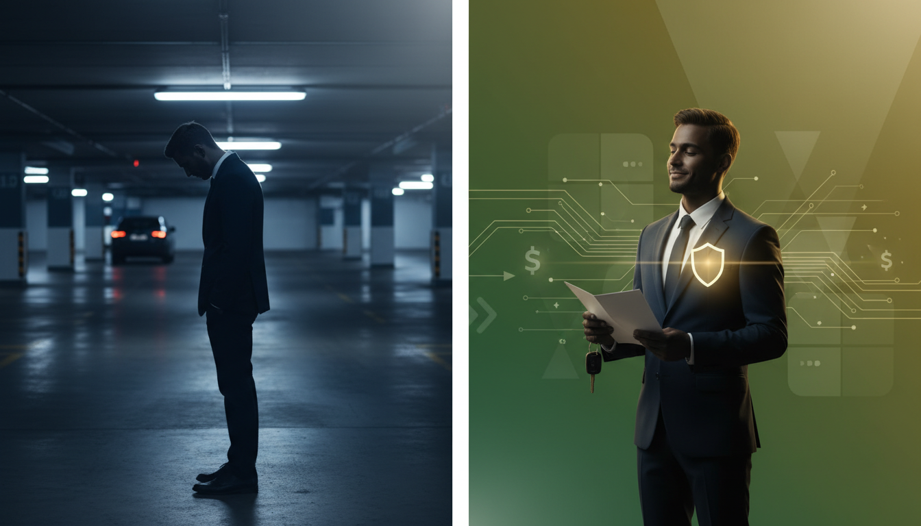 Ilustração conceitual de uma pessoa passando de um estado de preocupação com a perda do veículo para a tranquilidade após receber a indenização proteção veicular roubo.