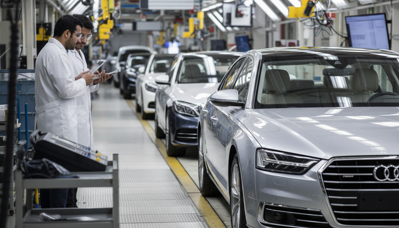 Linha de montagem de carros de luxo europeus na Índia com foco em tecnologia e precisão.