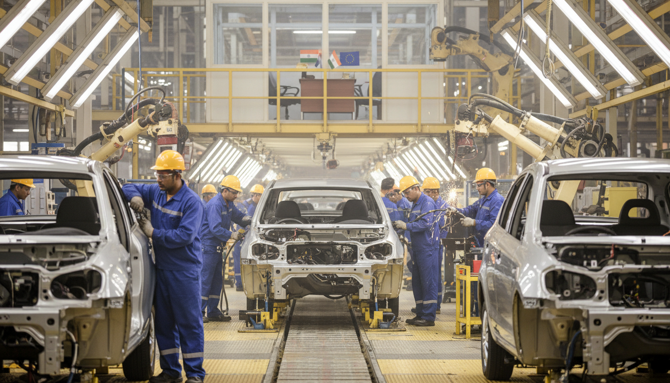 Linha de produção de automóveis na Índia com elementos que simbolizam acordo com a União Europeia.