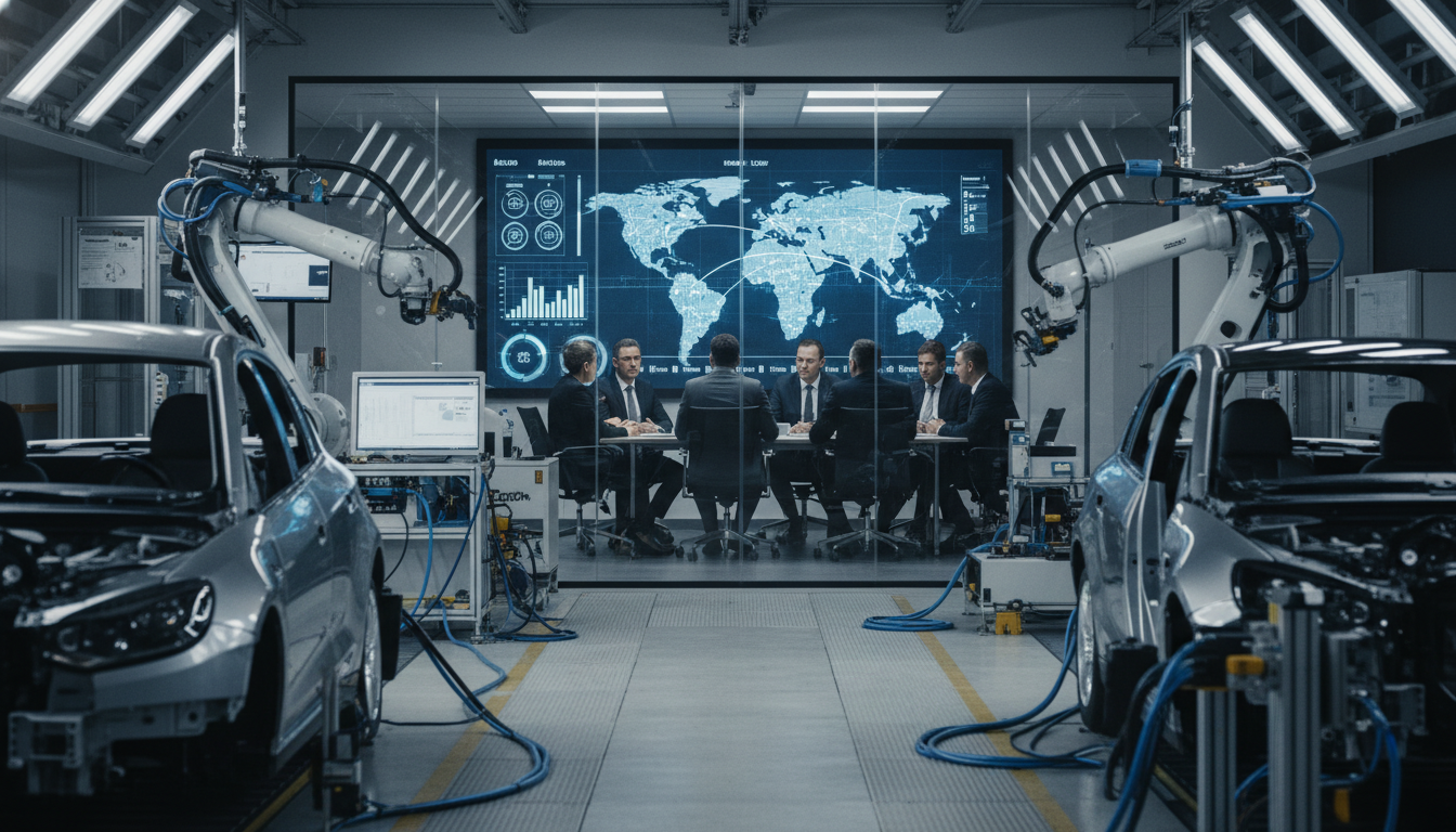 Linha de montagem de carros elétricos com executivos discutindo estratégia em sala de reunião.