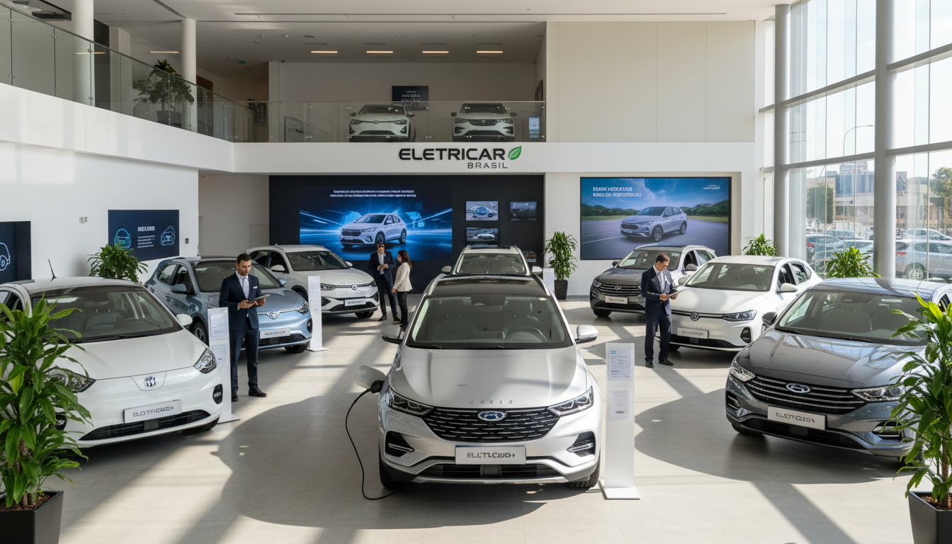 Showroom de concessionária com carros híbridos e elétricos em destaque.
