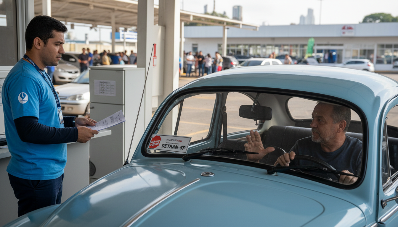 Posto de licenciamento veicular em São Paulo com um carro antigo