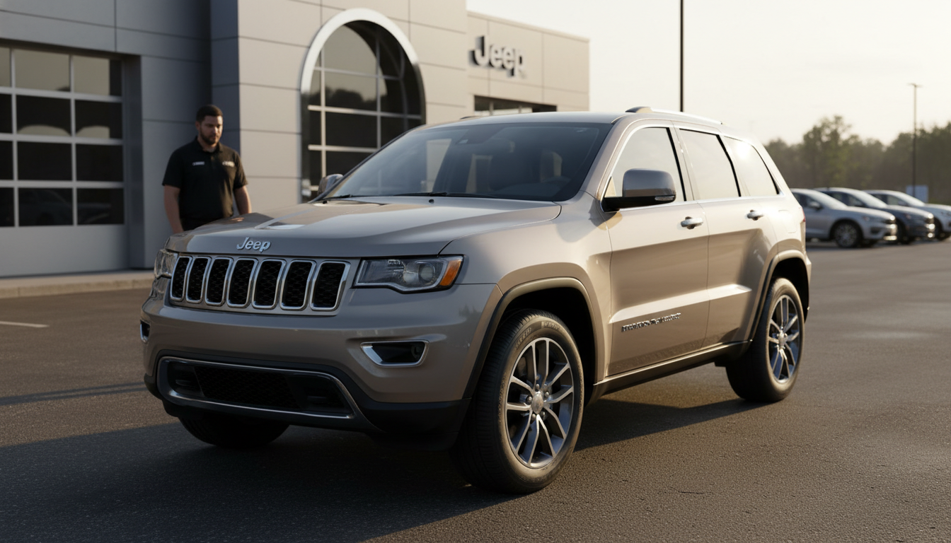 Jeep Grand Cherokee 2018 em frente a uma concessionária Jeep, evocando a convocação de recall.