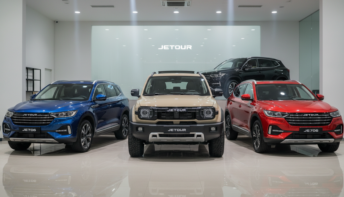 Exposição de SUVs Jetour em showroom brasileiro, destacando modelos off-road e urbanos.