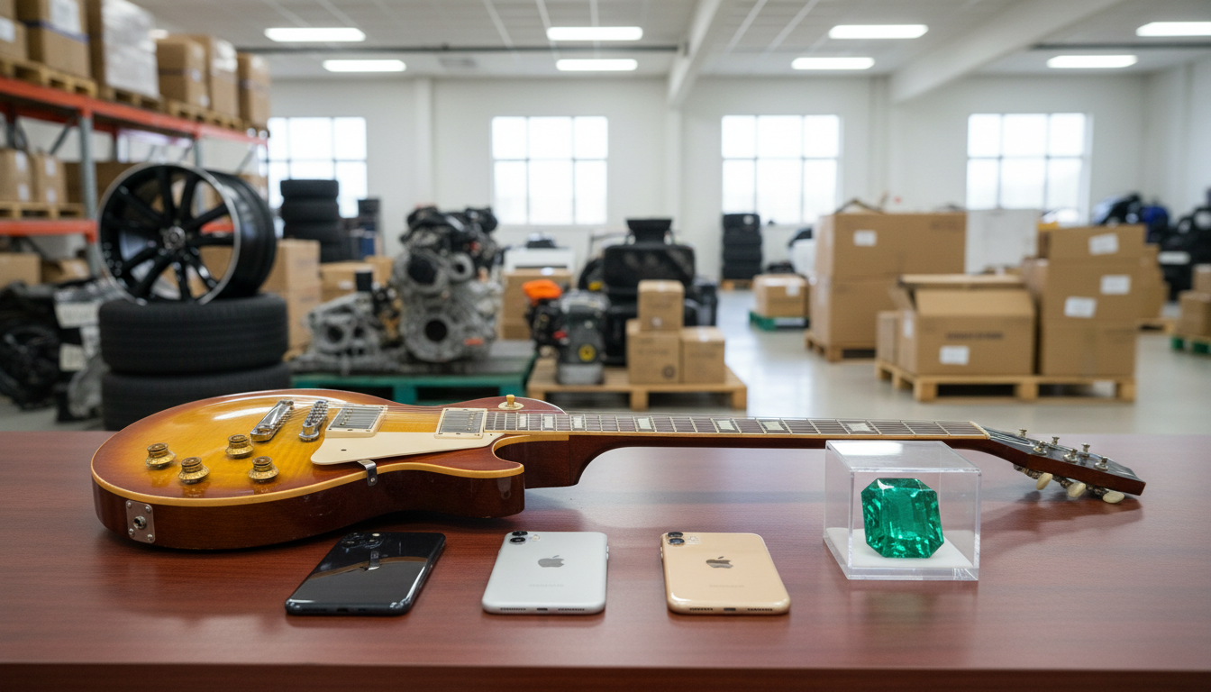 Diversos itens de um leilão da Receita Federal, incluindo iPhones, guitarra e pedra preciosa, expostos em uma mesa.