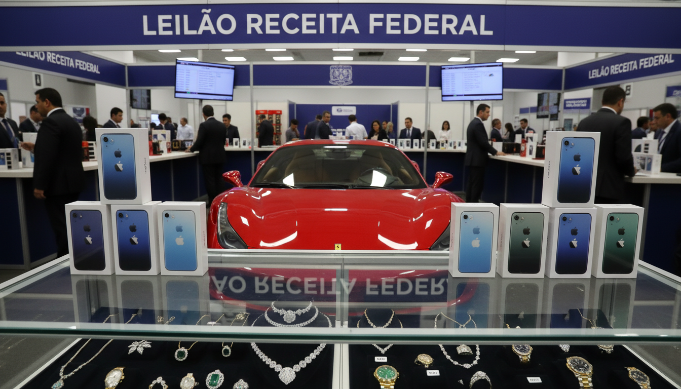 Itens apreendidos como iPhones, carros e joias expostos em um leilão da Receita Federal
