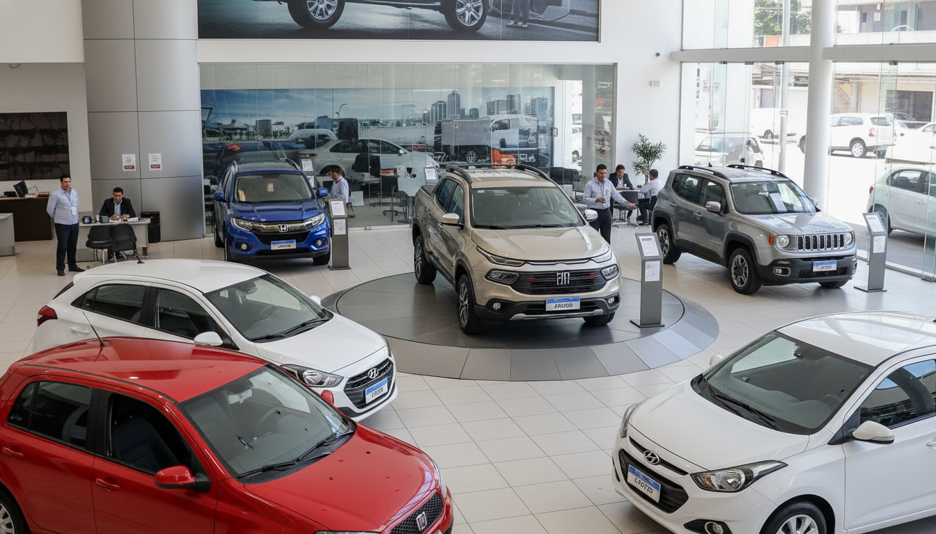 Concessionária de carros no Brasil em 2016, exibindo modelos da época, incluindo a Fiat Toro e os primeiros SUVs compactos.