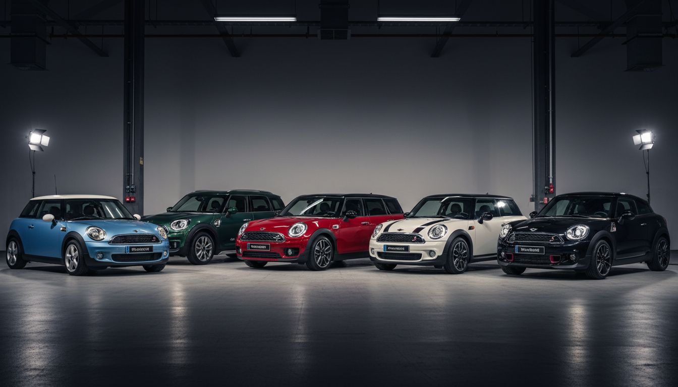 Cinco carros Mini usados de diferentes modelos e cores alinhados, mostrando a variedade disponível no mercado a partir de R$ 50 mil.