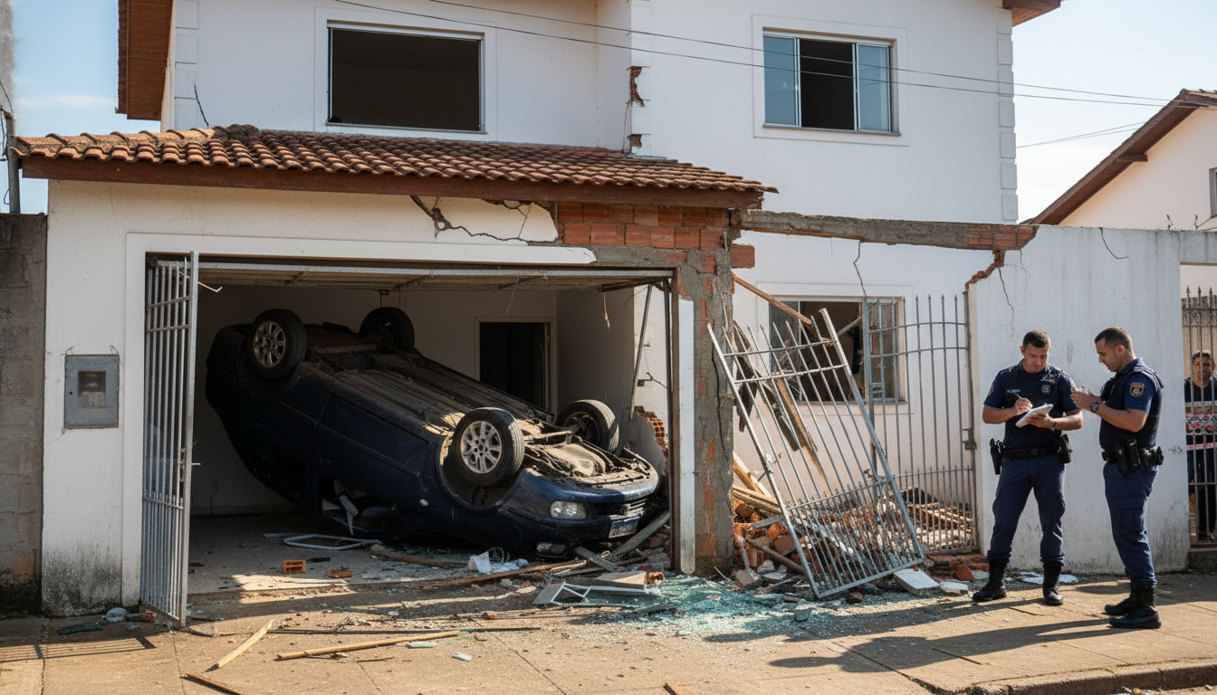 Carro capotado invade residência em Guarapuava após acidente.