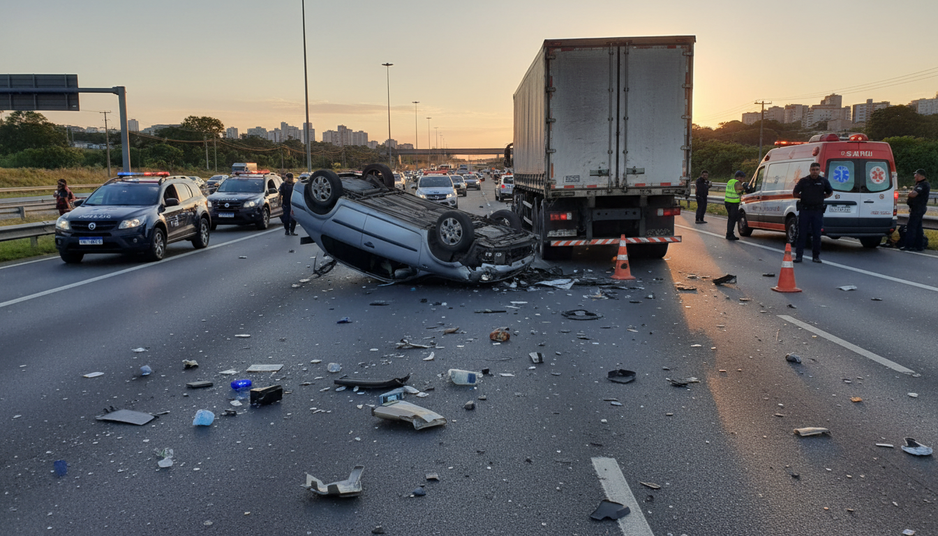 Carro capotado após acidente na Rodovia do Contorno envolvendo caminhão