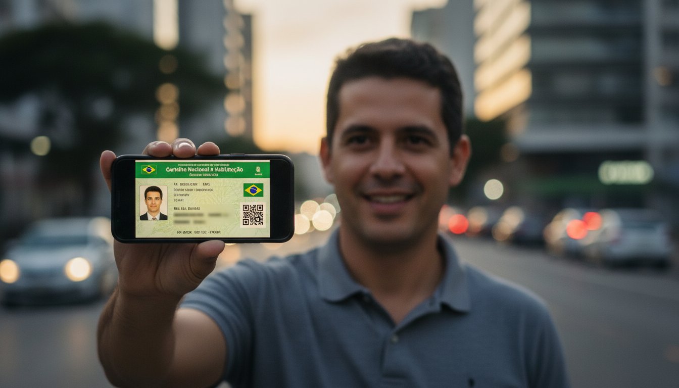 Motorista sorrindo ao visualizar a renovação automática da CNH em seu smartphone.