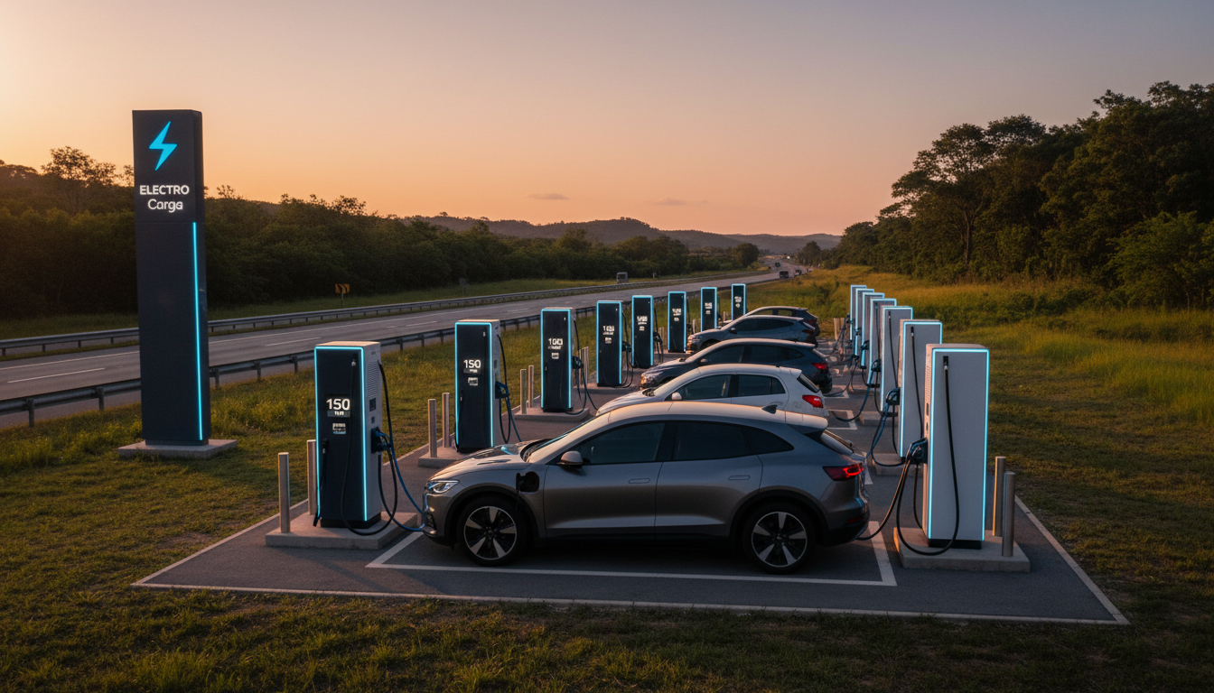 Estação de recarga ultrarrápida para carros elétricos em rodovia brasileira.