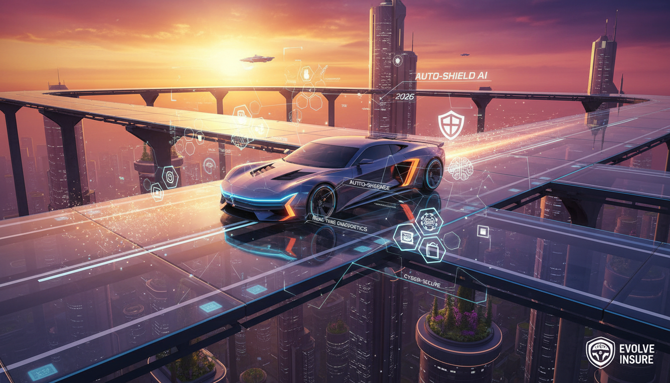 Carro moderno em estrada futurista com elementos de tecnologia de seguro 2026