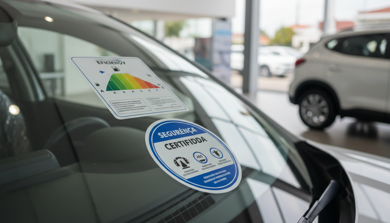 Adesivos de eficiência e segurança em um para-brisa de carro novo