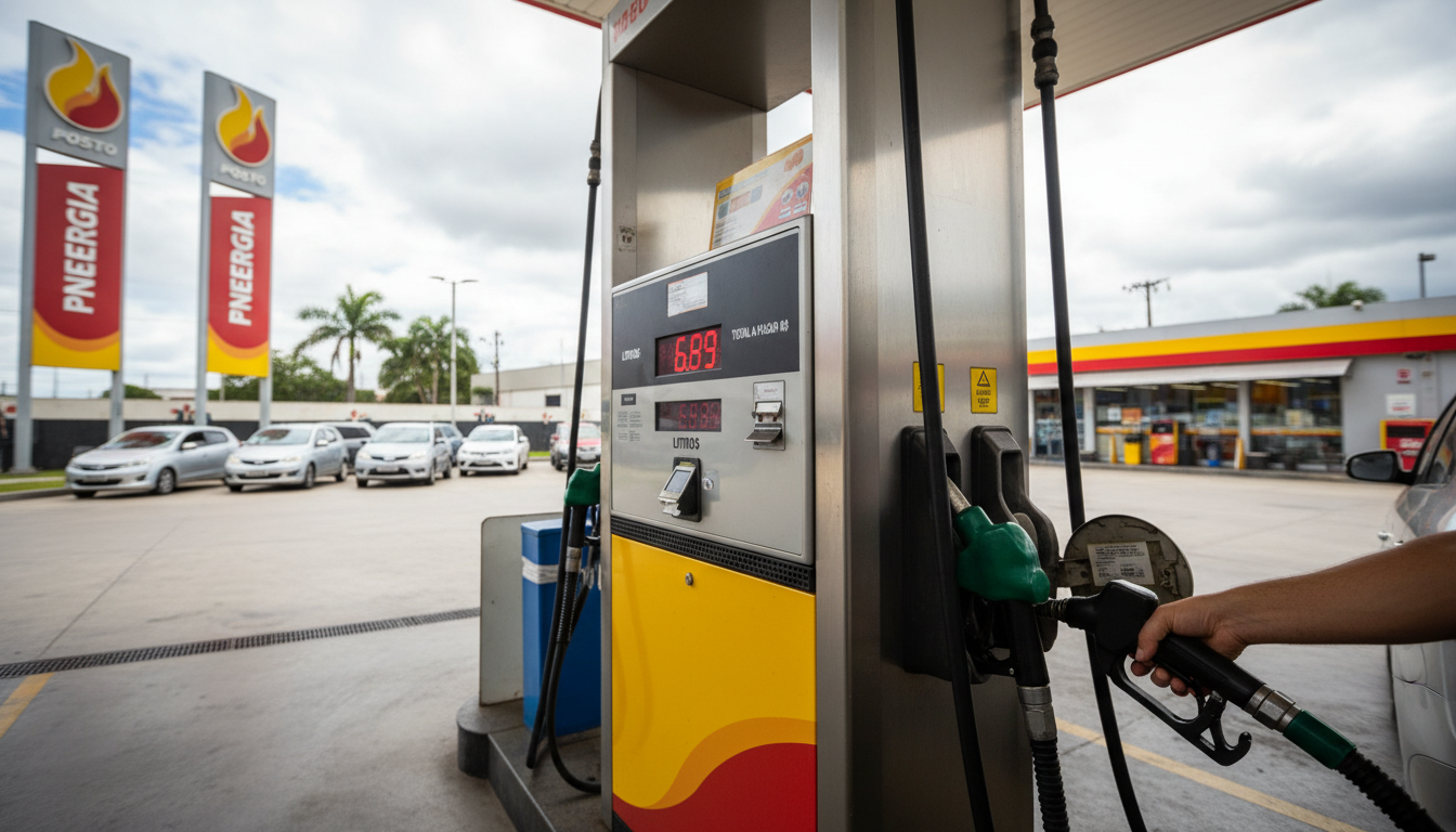 Posto de gasolina com bomba de combustível em destaque