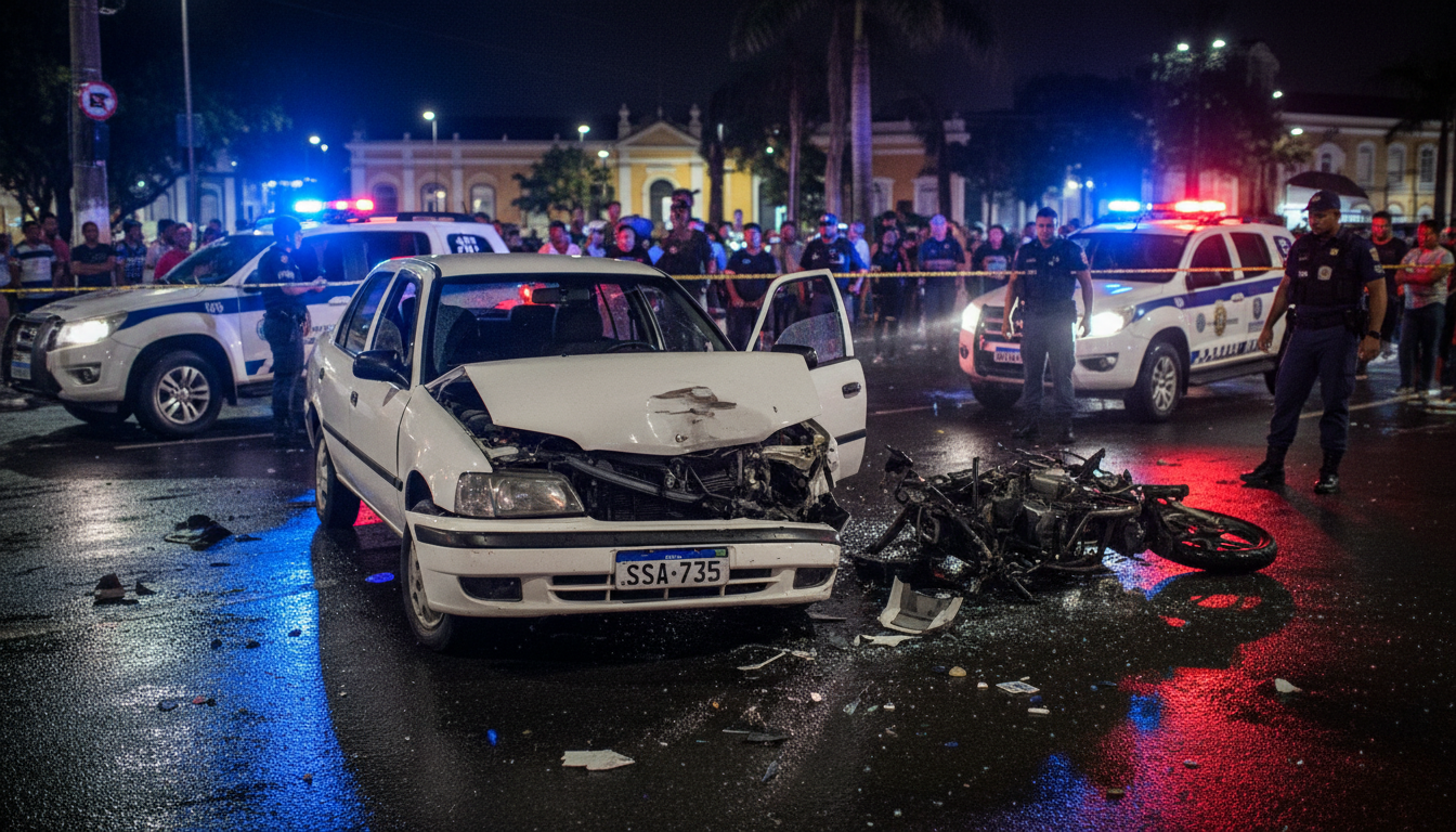 Cena de acidente de trânsito com carro roubado e moto em Salvador