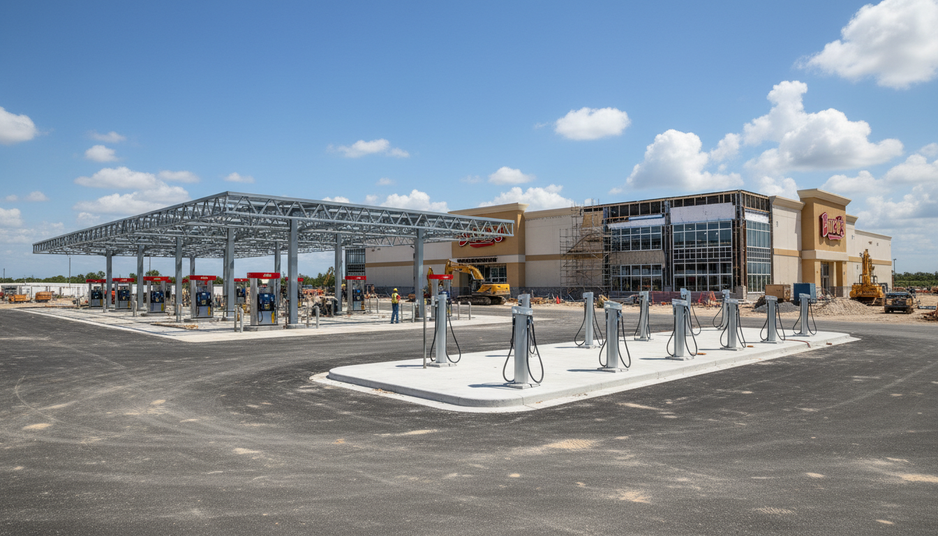 Posto de gasolina Buc-ee's em construção em Fort Pierce, Flórida, com centenas de bombas de gasolina e carregadores elétricos.