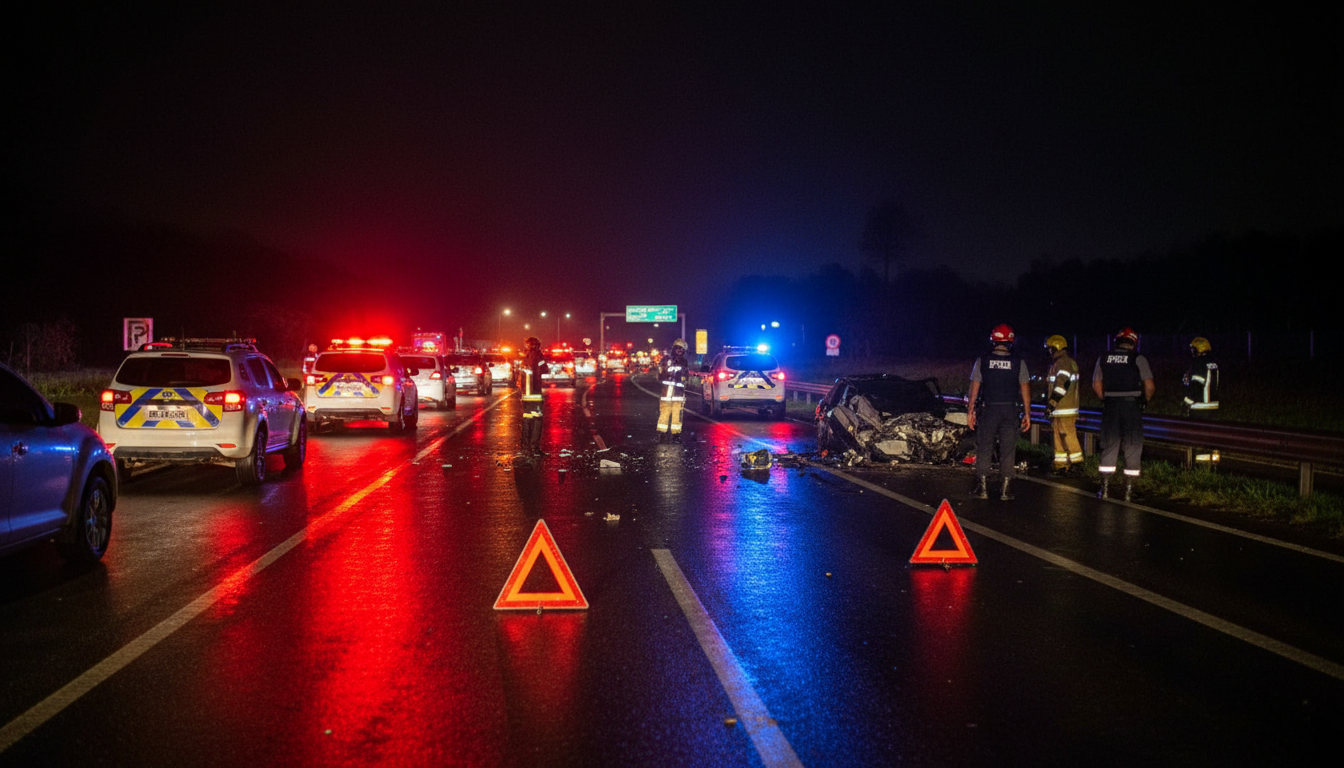 Cena de acidente em rodovia federal em Santa Catarina com presença da PRF.
