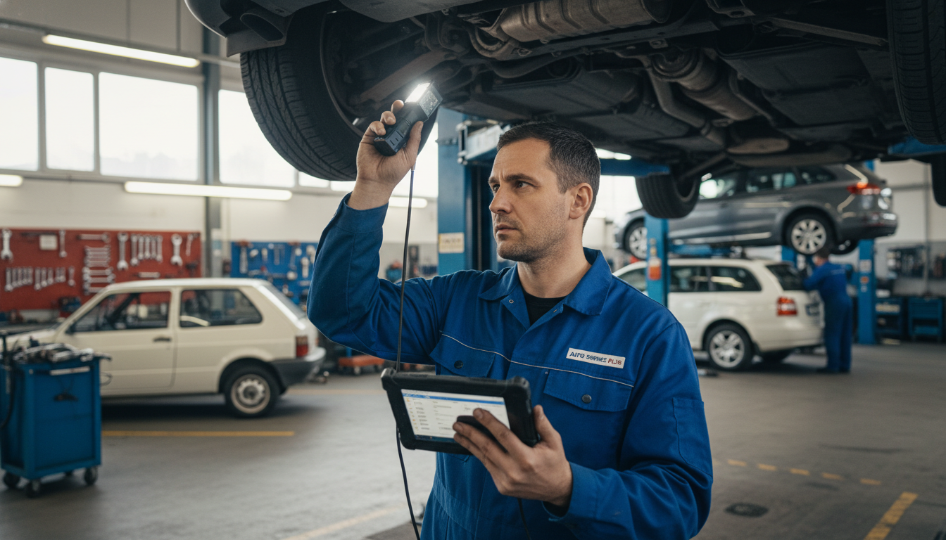 Mecânico inspecionando carro para vistoria obrigatória