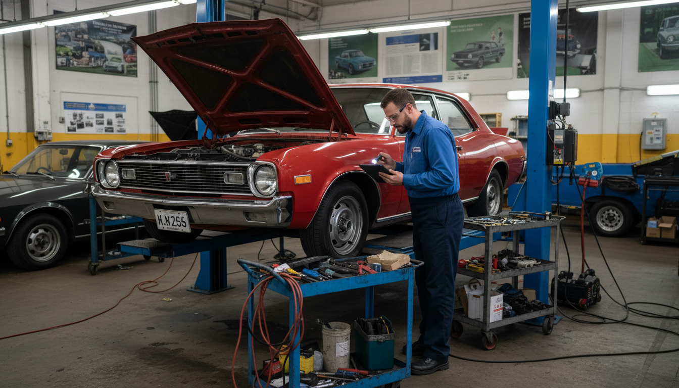 Inspetor realizando vistoria em carro antigo em centro de inspeção veicular