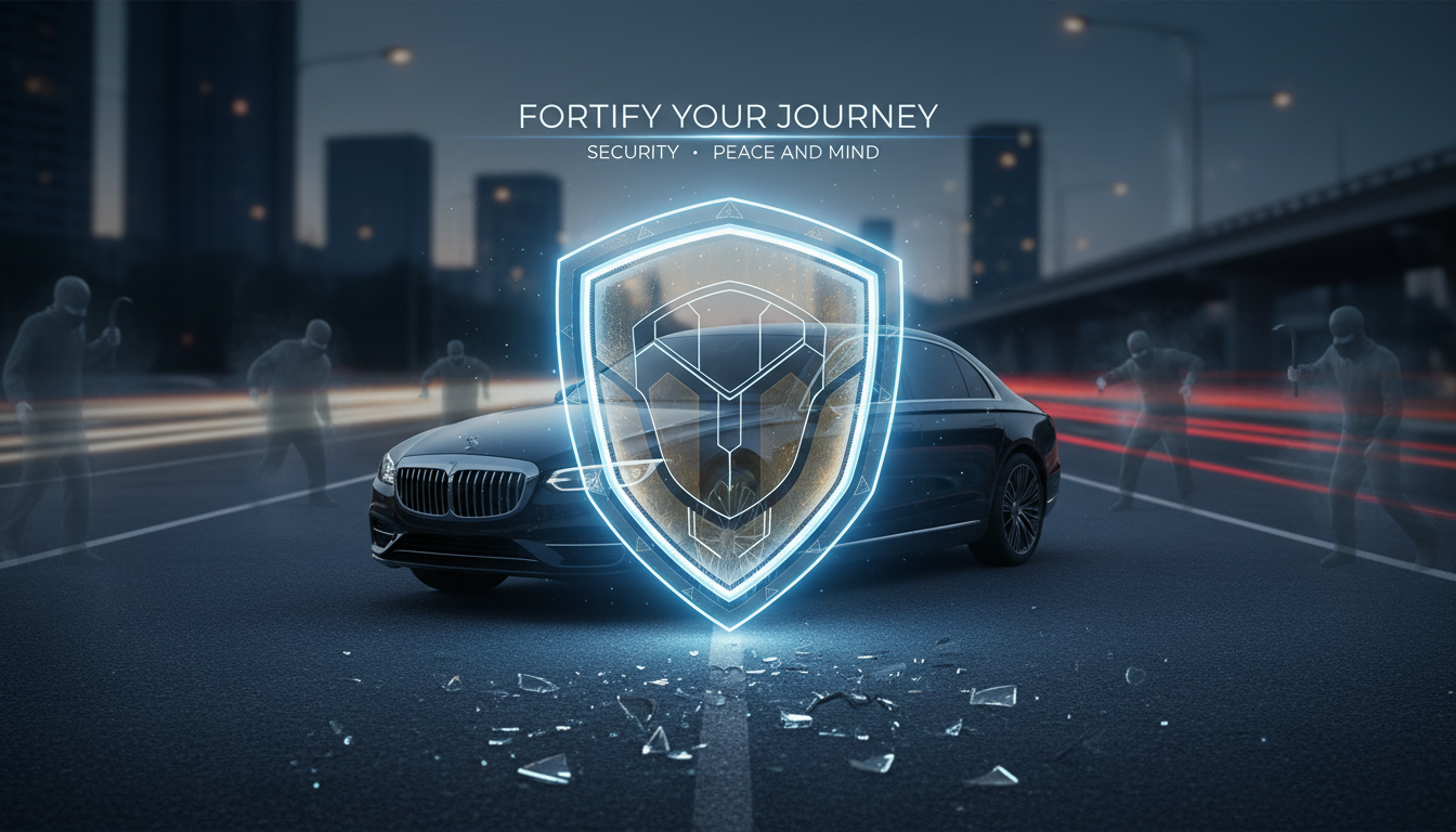 Carro protegido por um escudo contra roubos e furtos, simbolizando segurança e tranquilidade.