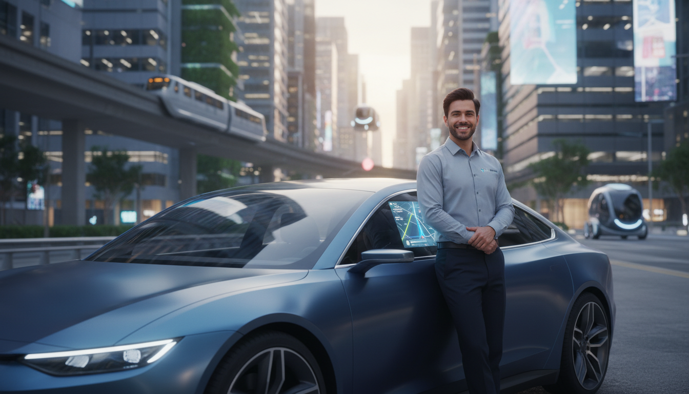 Motorista de aplicativo confiante com seu carro protegido