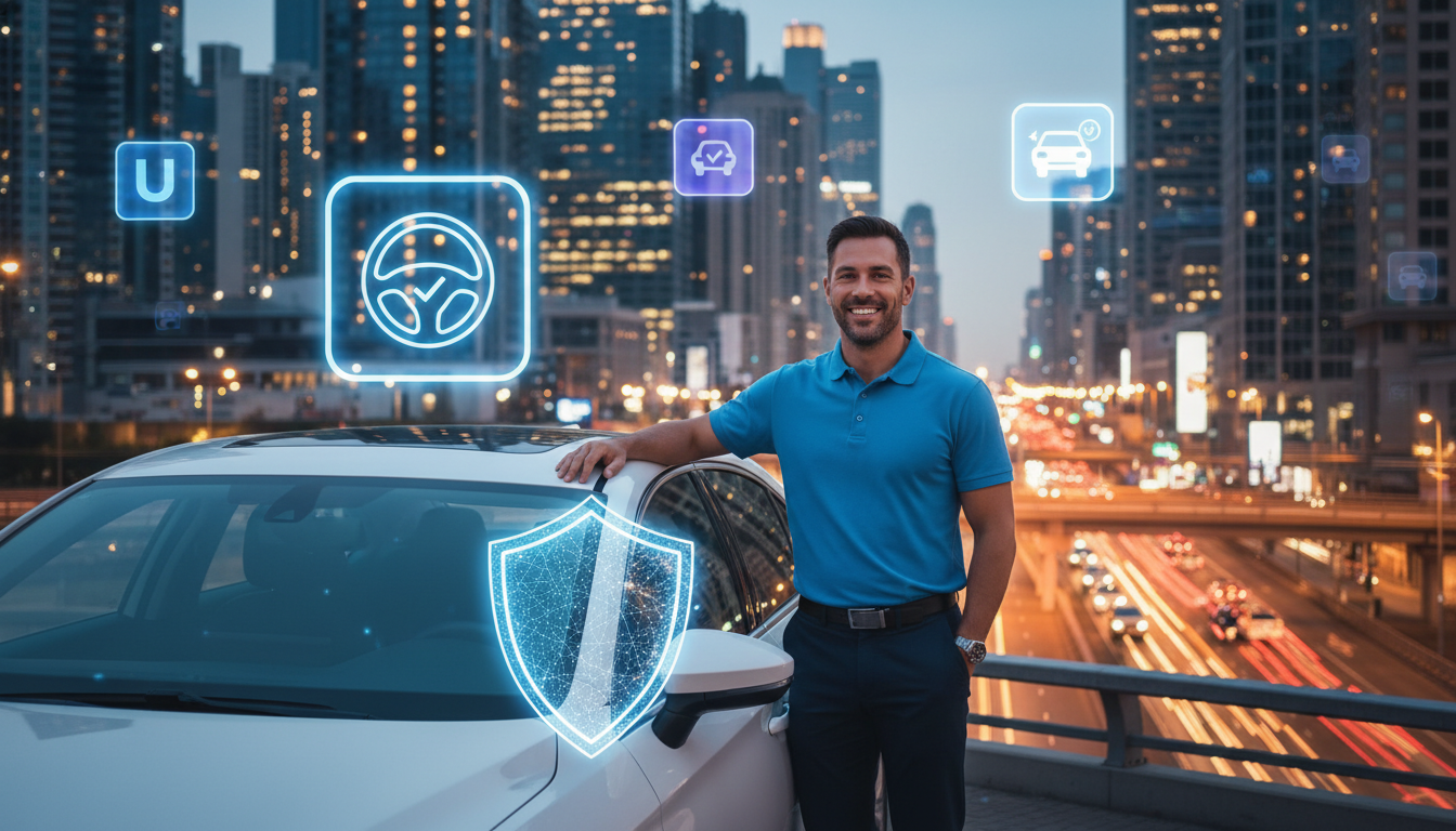 Motorista de aplicativo com carro protegido, simbolizando segurança e tranquilidade.