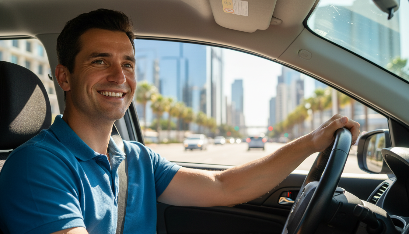 Motorista de aplicativo confiante e feliz
