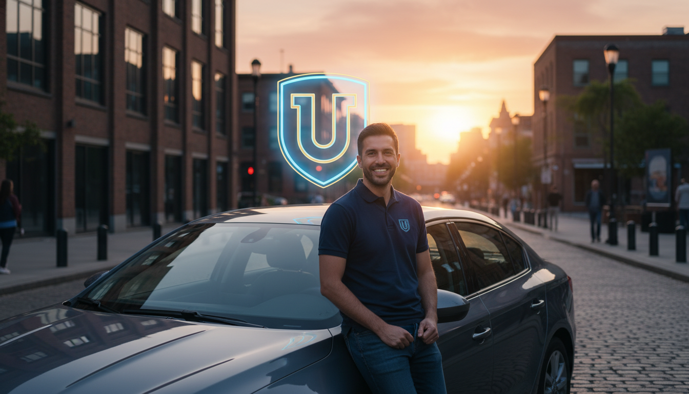 Motorista de aplicativo confiante com seu veículo protegido.