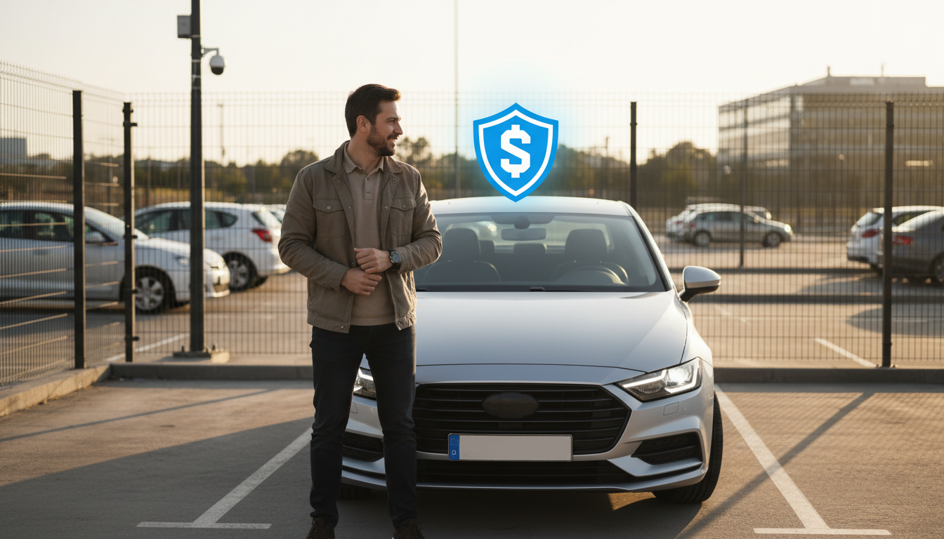 Motorista de aplicativo confiante com seu carro protegido por um escudo simbólico.
