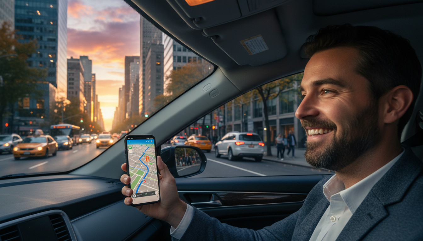 Motorista de aplicativo confiante com seu celular de trabalho