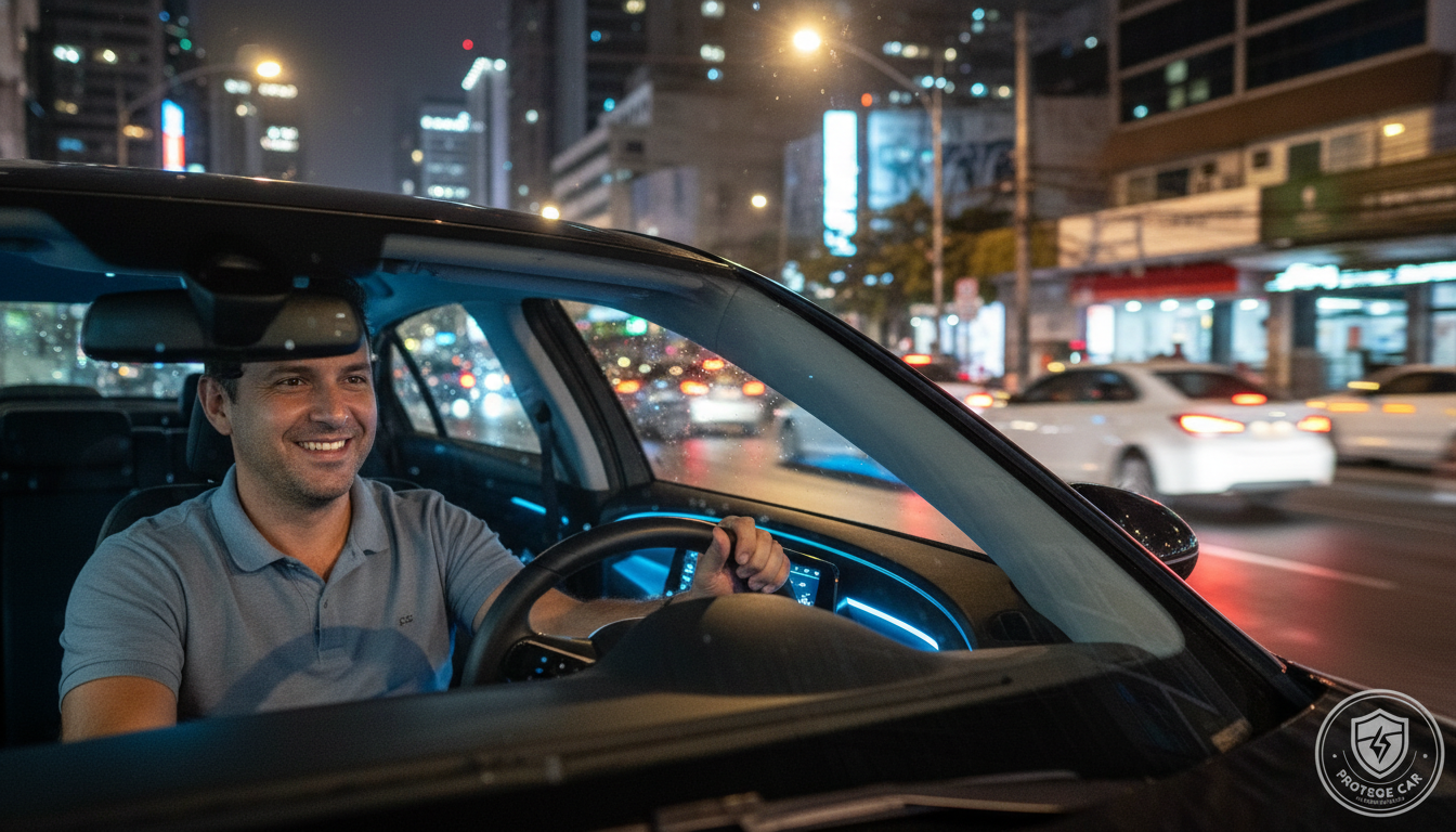 Motorista de aplicativo sorrindo ao volante, com foco na proteção veicular.