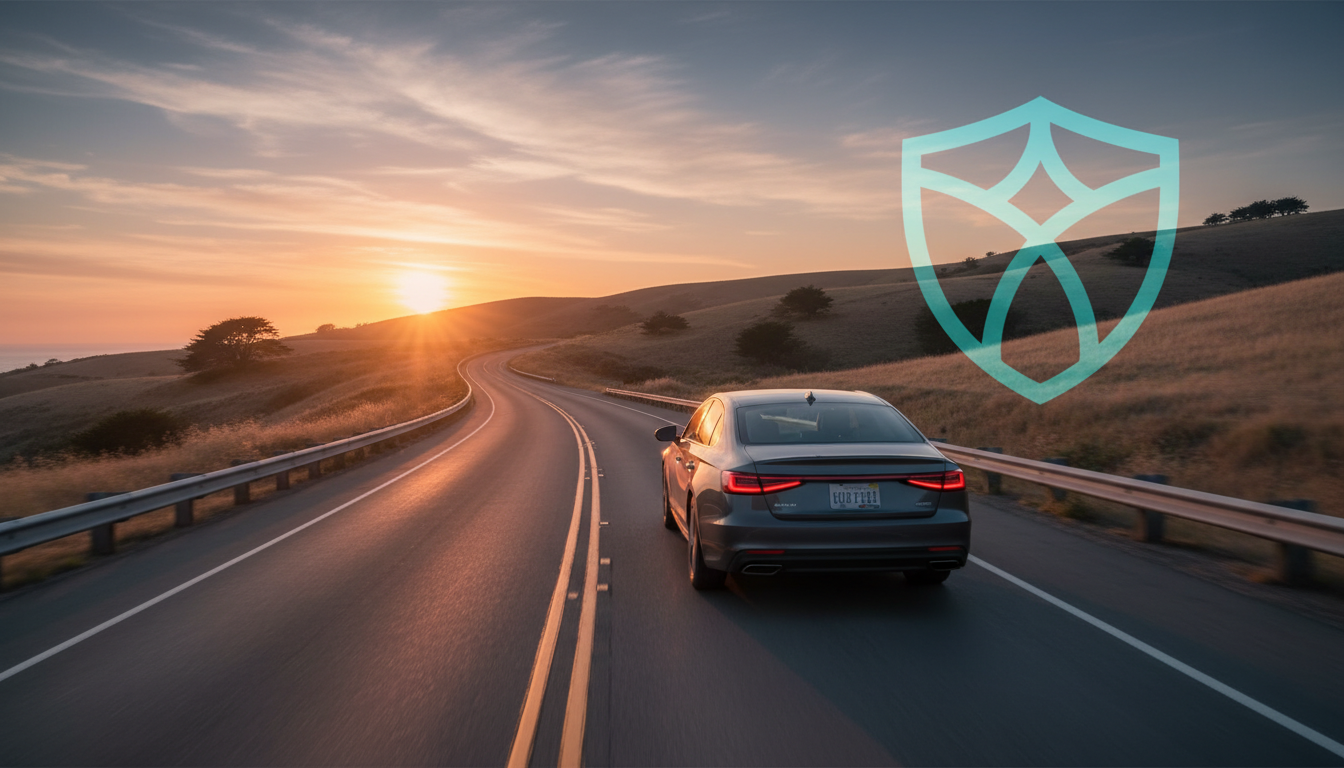 Carro viajando em estrada tranquila ao pôr do sol, simbolizando paz e segurança em viagens com proteção veicular.