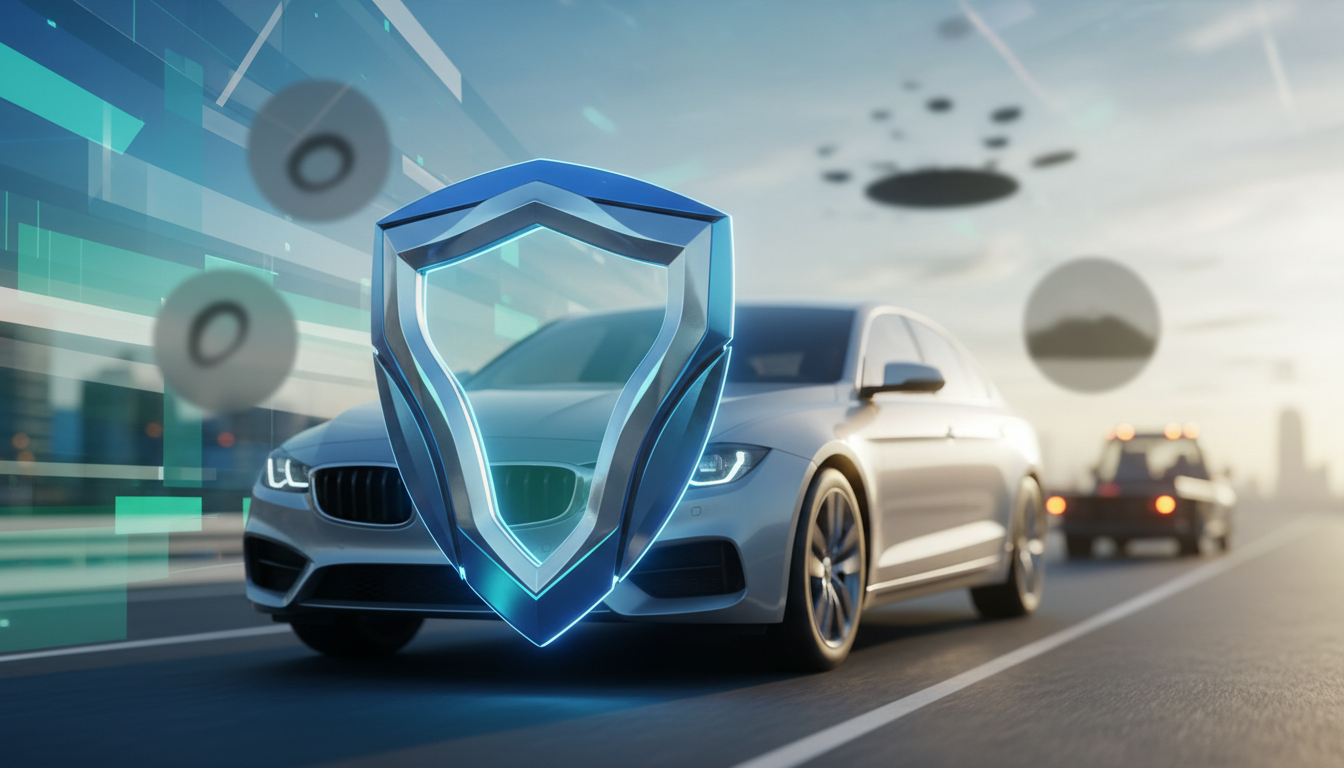 Um escudo digital futurista e brilhante protegendo um carro moderno, simbolizando as coberturas essenciais da proteção veicular e a segurança financeira.