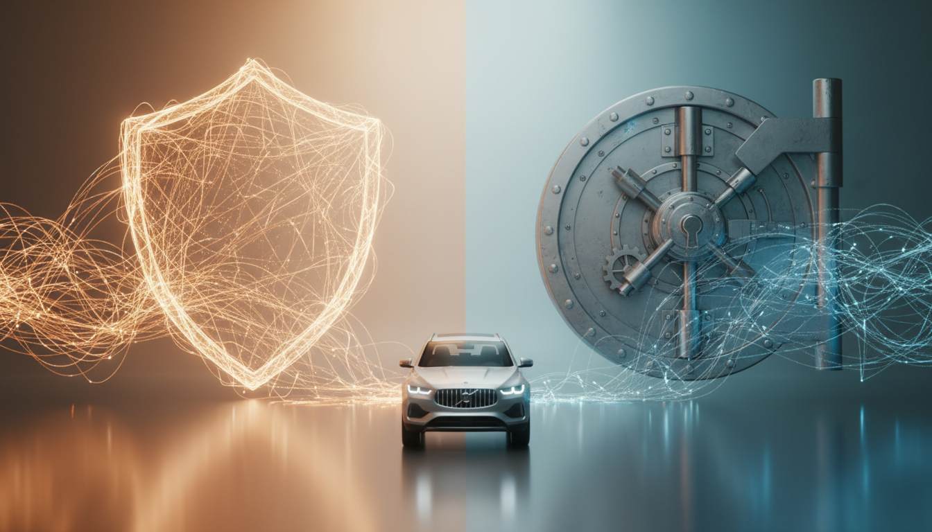 Carro em uma encruzilhada visual, simbolizando a escolha e as diferenças entre proteção veicular e seguro auto, com um caminho para uma rede de proteção e outro para um mecanismo de segurança formal.