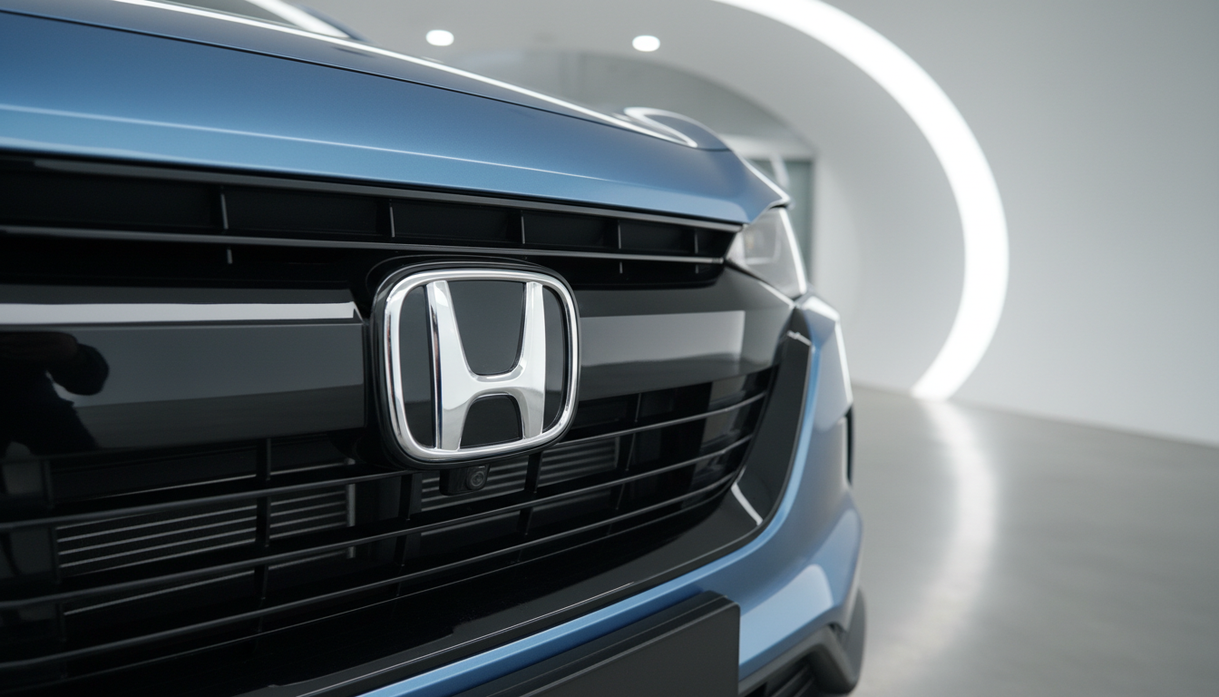 Carro Honda com o novo logotipo minimalista em destaque na grade frontal.