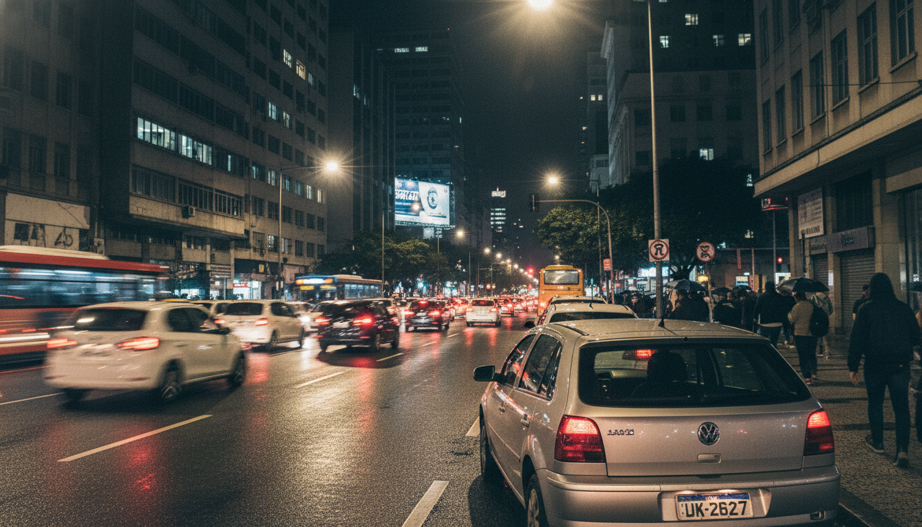Carro Volkswagen Gol estacionado em rua urbana de São Paulo com iluminação pública