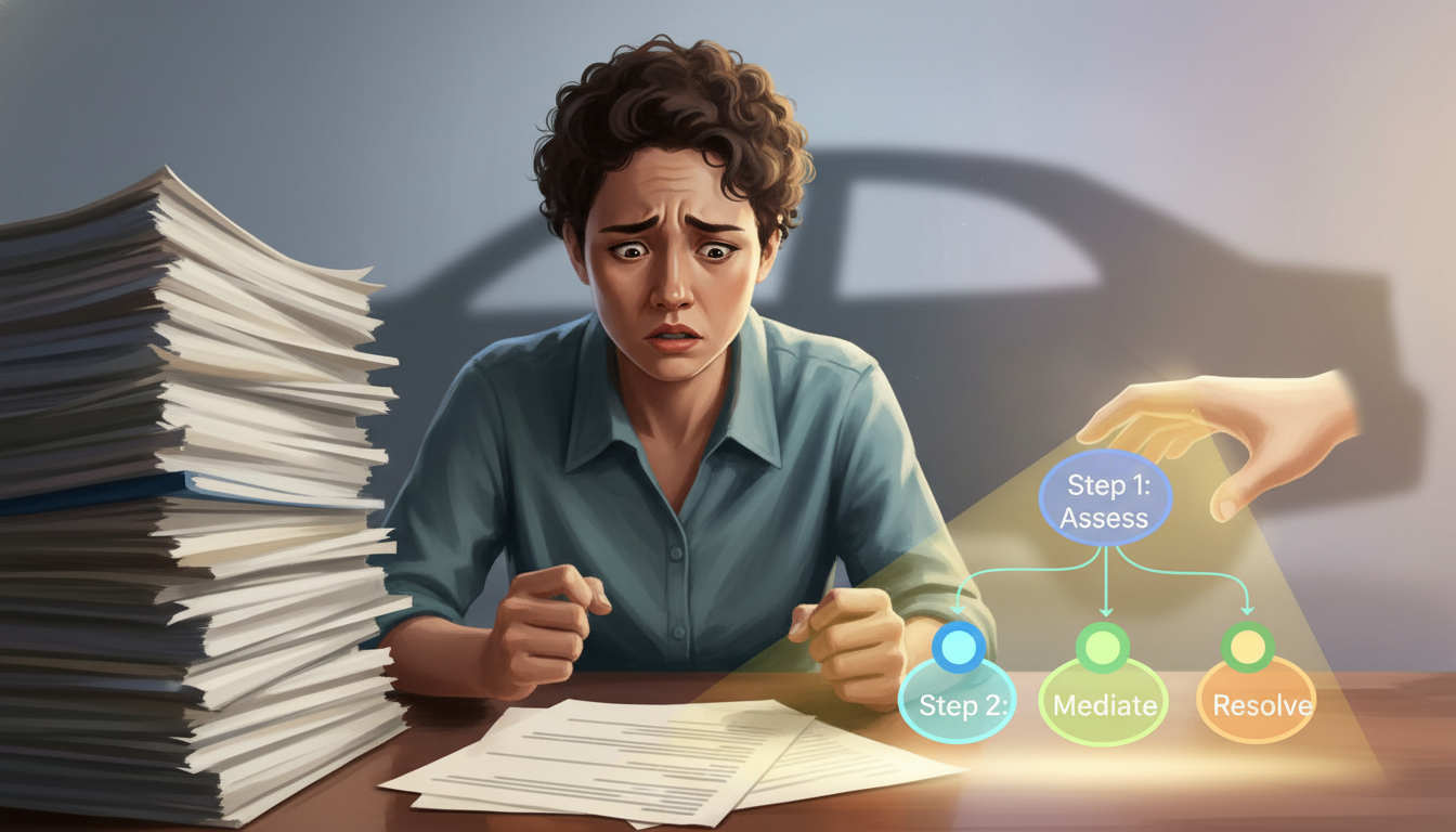 Pessoa sobrecarregada analisando documentos, encontrando clareza e os próximos passos sobre os direitos do proprietário carro roubado.