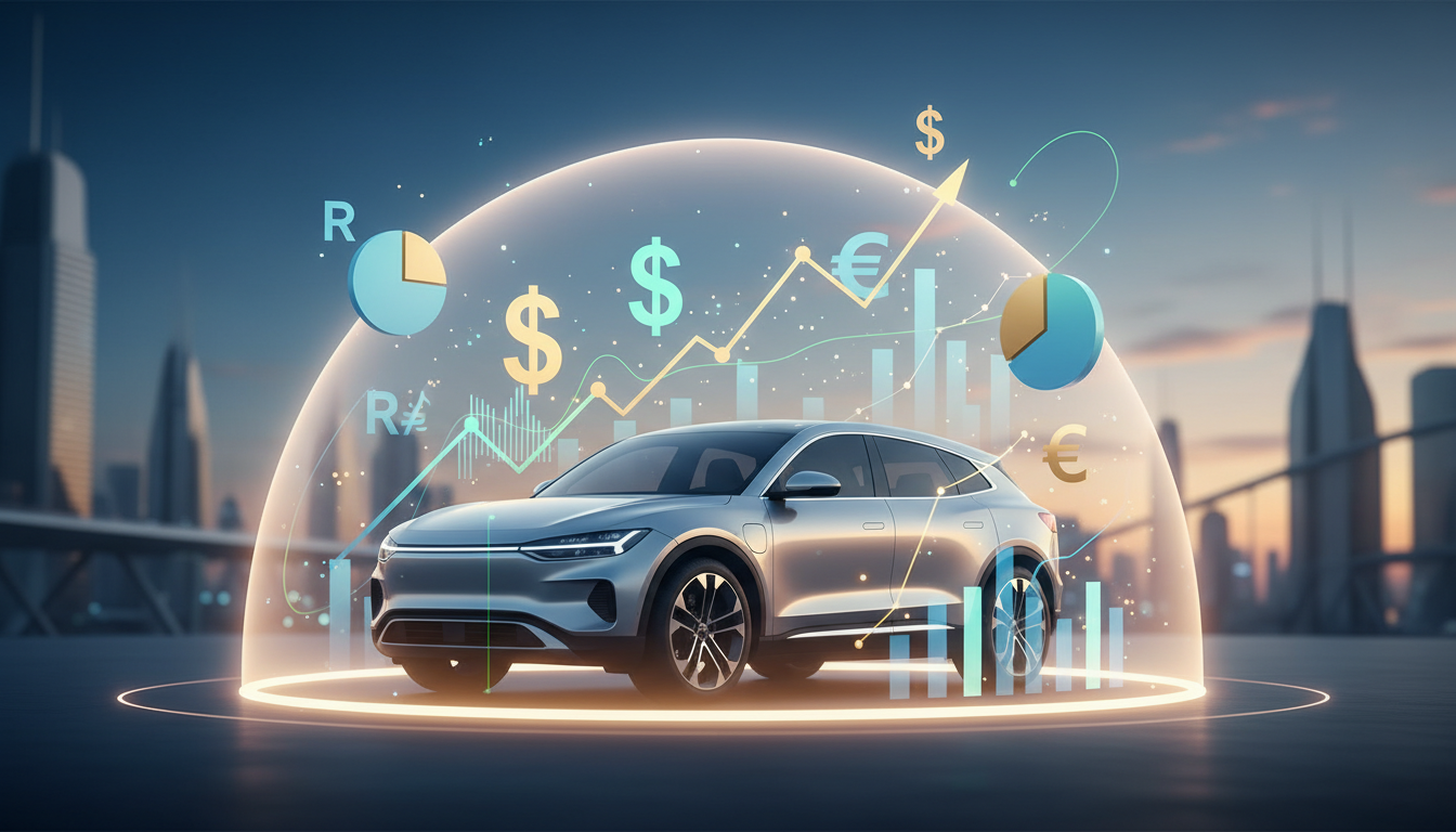 Carro moderno sob escudo protetor com símbolos de dinheiro e gráficos, ilustrando os fatores que influenciam quanto custa a proteção veicular e seu valor.